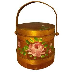 Vintage Wooden Firkin Sewing Bucket Pail Hand Tole Painted Flowers Folk Art 7”